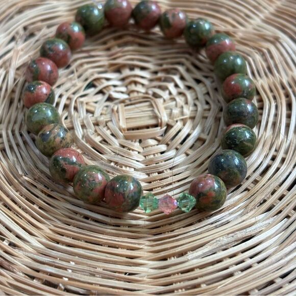 UNAKITE & Swarovski crystal Elegant Green and Pink Beaded Bracelet 7” - Picture 3 of 3